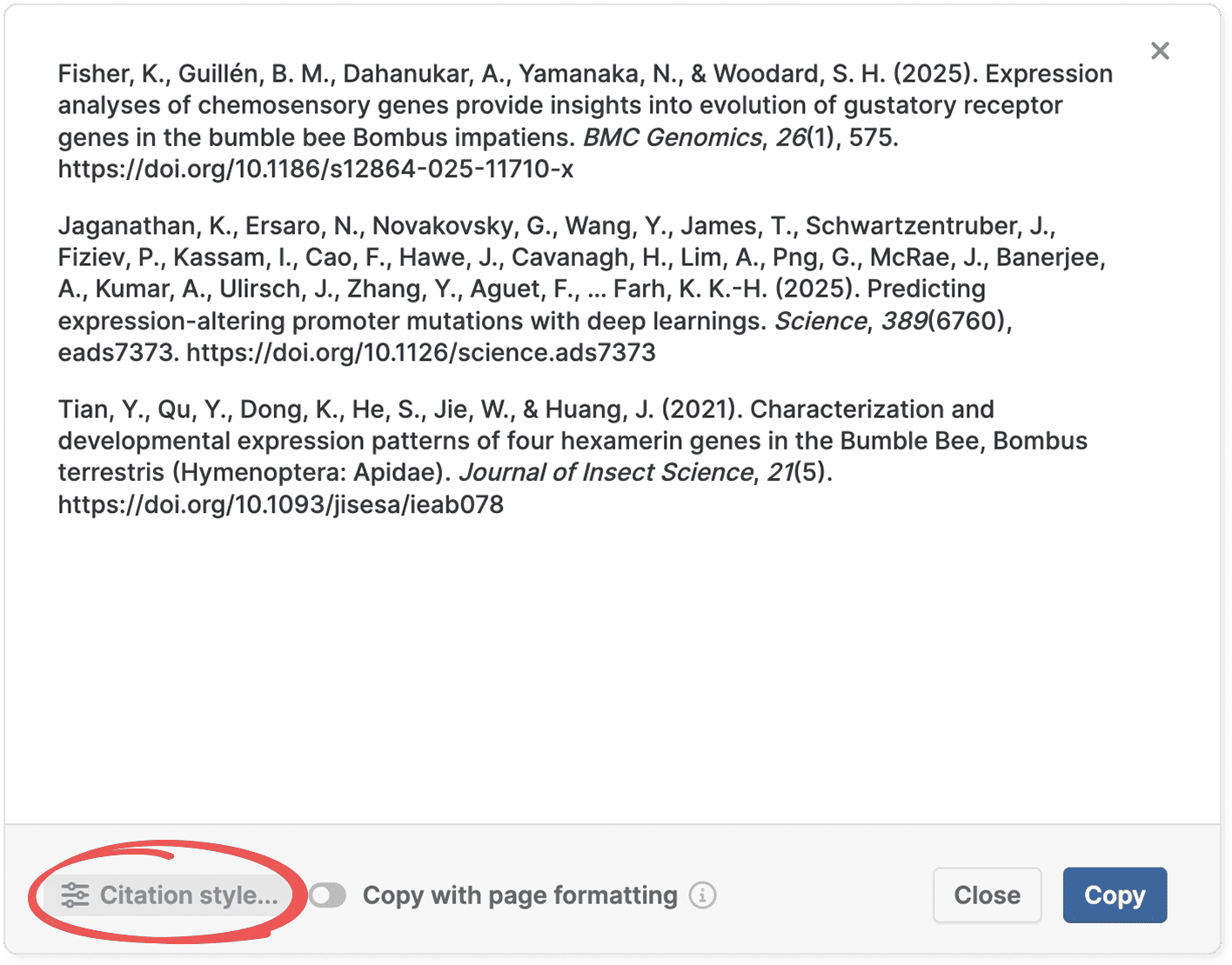 The copy-citation preview showing three formatted APA references, with the circled “Citation style…” button in the bottom left beside a “Copy with page formatting” toggle, and Close and Copy buttons.